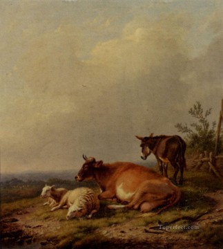 Eugene Joseph Verboeckhoven Painting - A Cow A Sheep And A Donkey Eugene Verboeckhoven animal